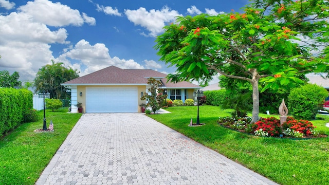 ranch-style house with a front yard and a garage