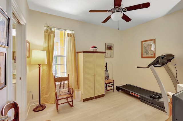 workout area featuring ceiling fan and light hardwood / wood-style flooring