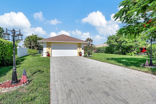 ranch-style home featuring a garage and a front lawn