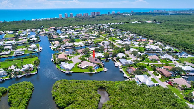 bird's eye view with a water view