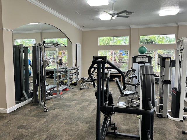 workout area with ceiling fan, a textured ceiling, visible vents, and crown molding