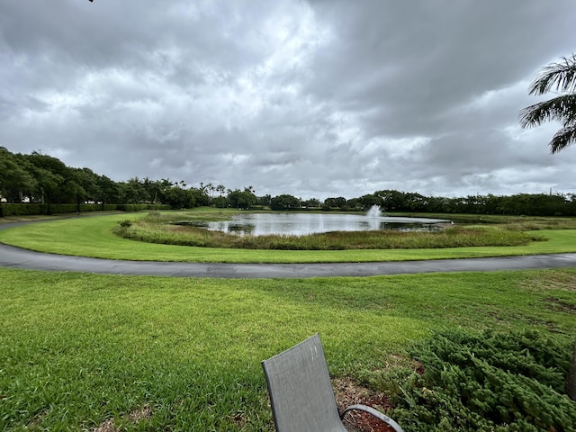 view of home's community featuring a water view and a lawn
