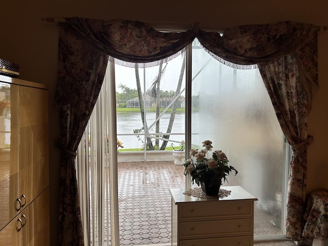 interior space with a water view