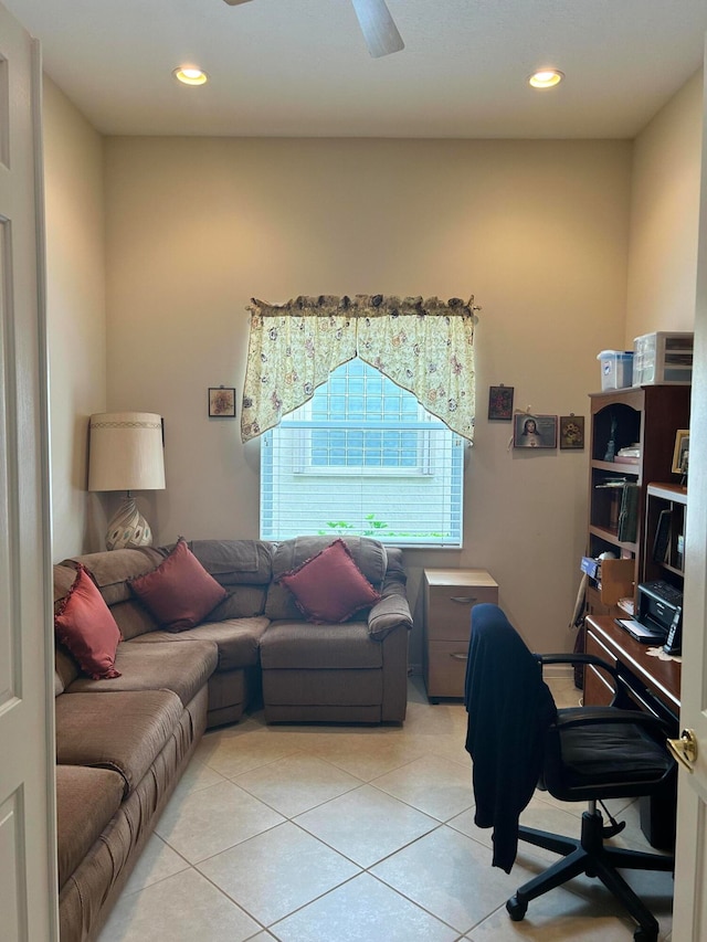 tiled home office with ceiling fan