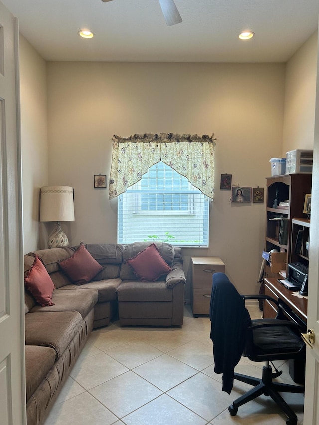 office area featuring a ceiling fan, recessed lighting, and light tile patterned floors