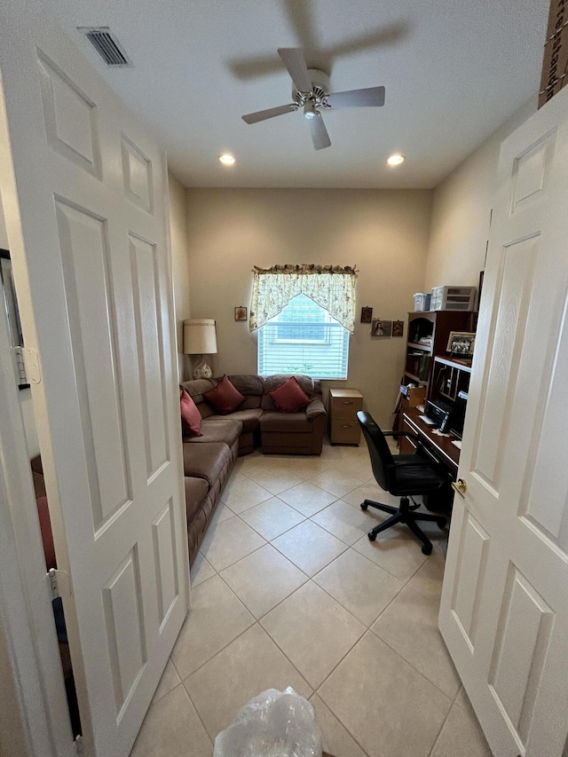 office space featuring light tile patterned floors, visible vents, a ceiling fan, and recessed lighting