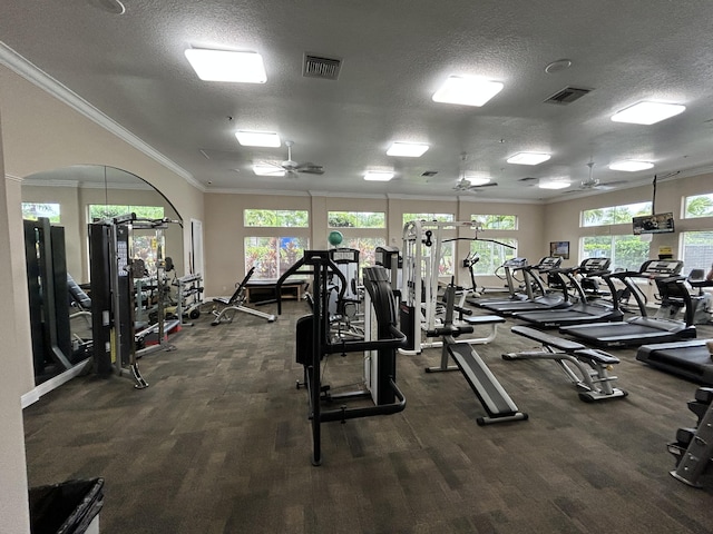 workout area featuring ornamental molding, visible vents, and a textured ceiling