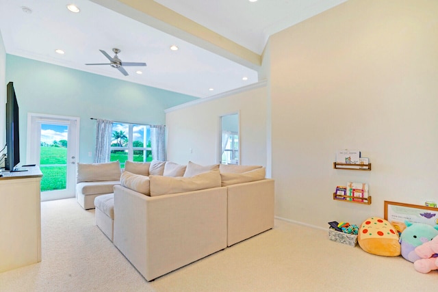 carpeted living room featuring sink, ceiling fan, high vaulted ceiling, and plenty of natural light