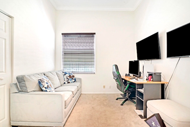 carpeted living room with ceiling fan and beamed ceiling