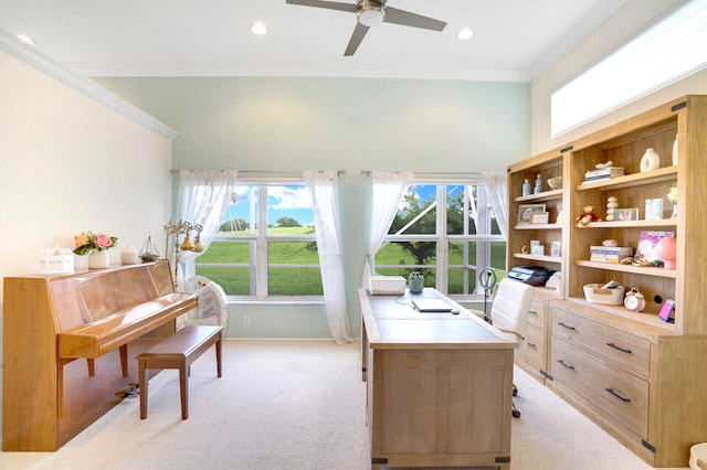 bedroom featuring crown molding, carpet flooring, and ceiling fan