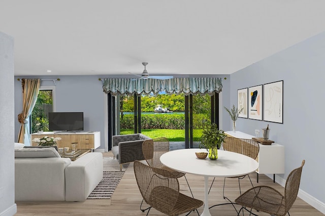 living room featuring light hardwood / wood-style floors and ceiling fan