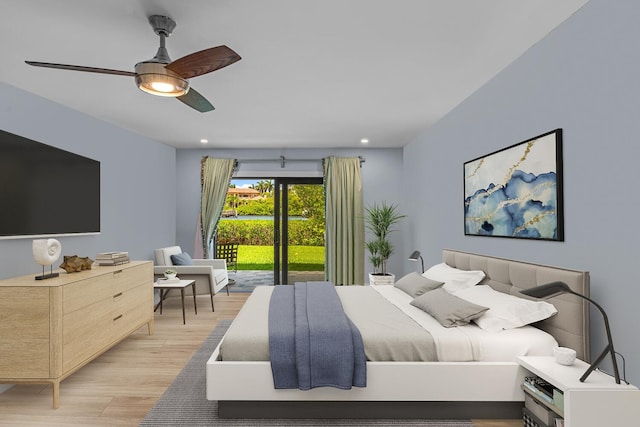 bedroom featuring light hardwood / wood-style flooring, ceiling fan, and access to exterior