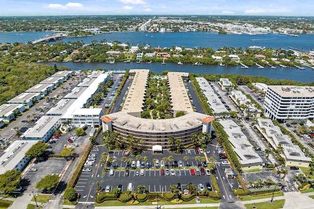 drone / aerial view featuring a water view