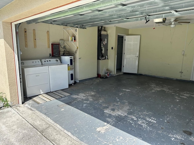 garage with heating unit, ceiling fan, water heater, washing machine and dryer, and a garage door opener