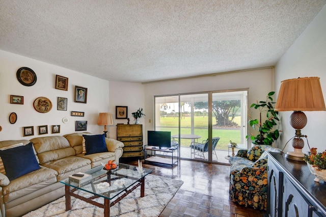 living room with a textured ceiling and dark parquet floors