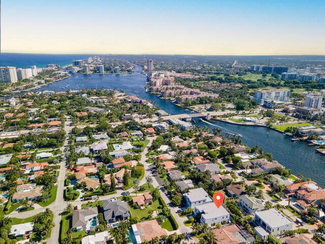 drone / aerial view with a water view