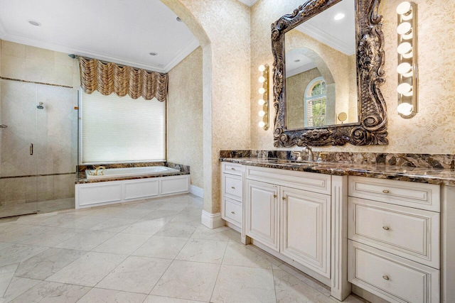 bathroom featuring vanity, separate shower and tub, and ornamental molding