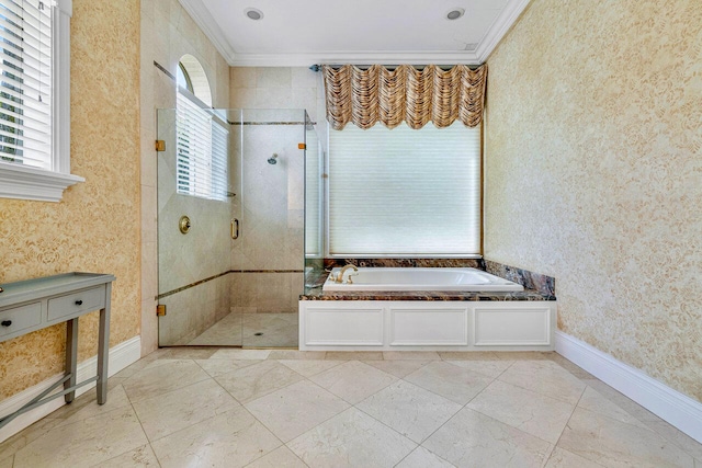 bathroom featuring plus walk in shower, ornamental molding, and a wealth of natural light