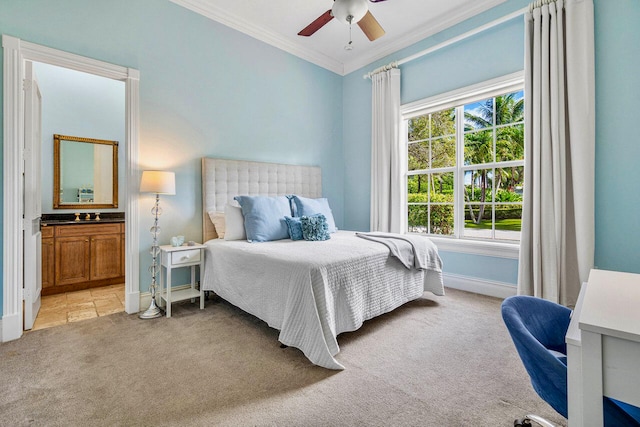 bedroom featuring ceiling fan, ornamental molding, light carpet, and multiple windows