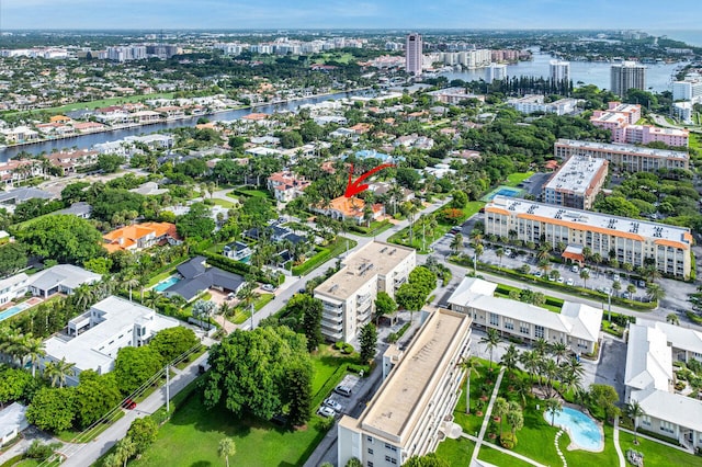 aerial view featuring a water view