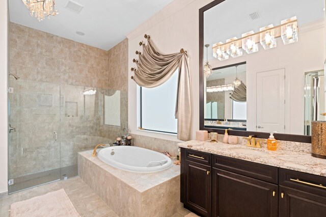 bathroom featuring vanity and plus walk in shower