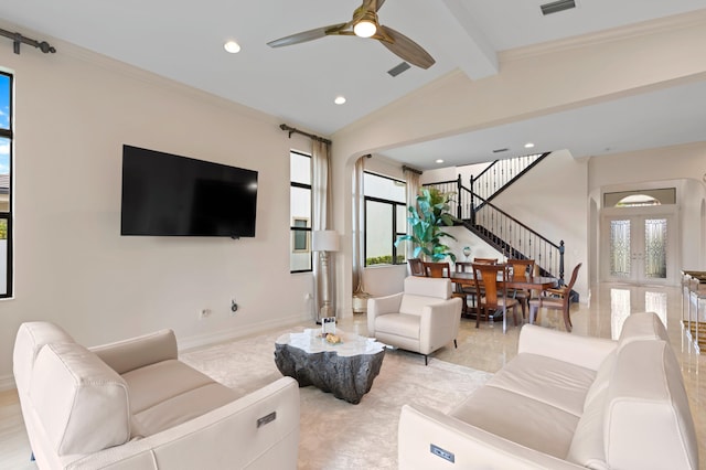 living room with ceiling fan, lofted ceiling with beams, and ornamental molding