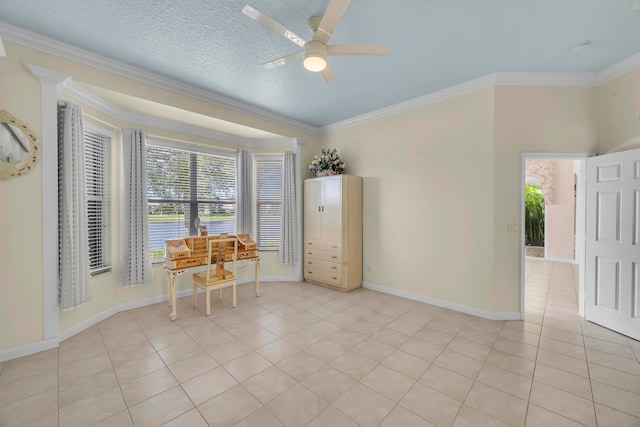 interior space featuring ceiling fan, light tile patterned floors, and ornamental molding