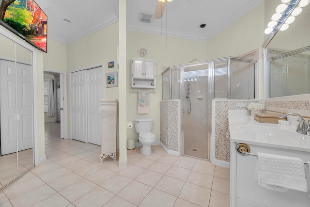 bathroom featuring tile patterned floors, crown molding, and an enclosed shower