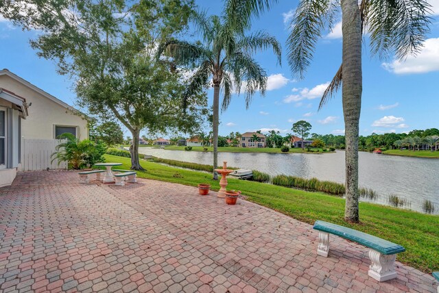 view of patio / terrace featuring a water view