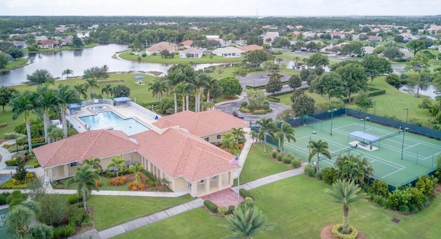 aerial view featuring a water view