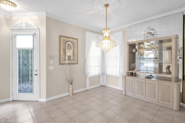 unfurnished dining area featuring a textured ceiling, light tile patterned floors, crown molding, and an inviting chandelier