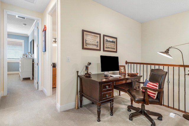 home office with light carpet