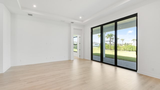 spare room featuring a tray ceiling and light wood-type flooring