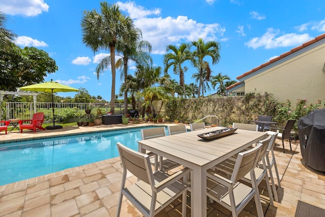 view of swimming pool with area for grilling and a patio