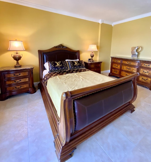 tiled bedroom featuring crown molding