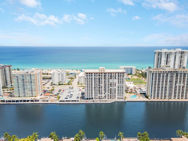 aerial view featuring a water view