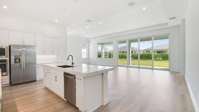 kitchen with appliances with stainless steel finishes, white cabinetry, sink, and a center island with sink