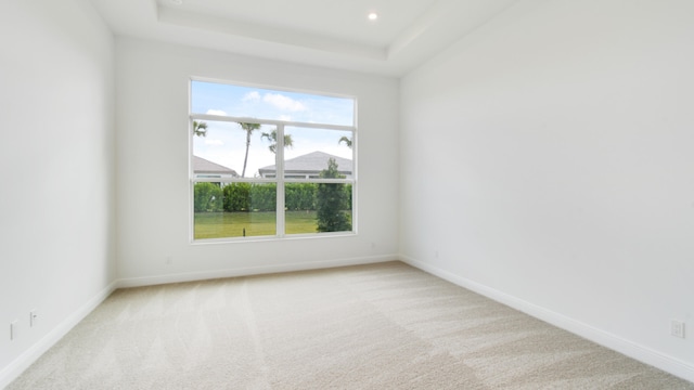 carpeted empty room featuring a tray ceiling