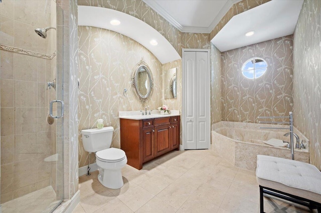 full bathroom with plus walk in shower, vanity, ornamental molding, and toilet