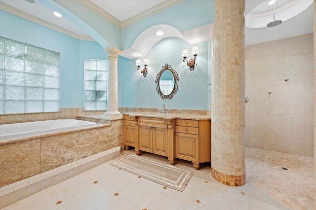 bathroom featuring separate shower and tub, decorative columns, tile patterned floors, and crown molding