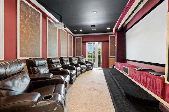 home theater with crown molding and carpet floors