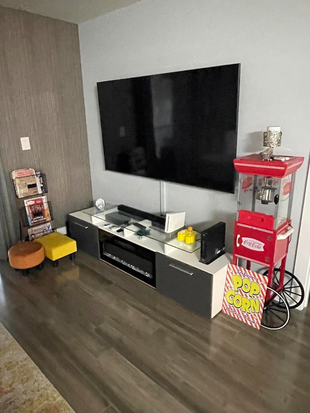 living room with dark hardwood / wood-style flooring