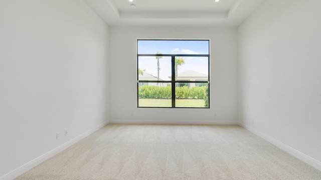 unfurnished room featuring light colored carpet and a tray ceiling