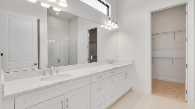 bathroom featuring vanity and a shower with shower door