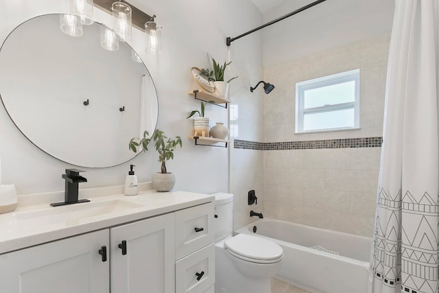 full bathroom featuring vanity, shower / bathtub combination with curtain, tile patterned flooring, and toilet