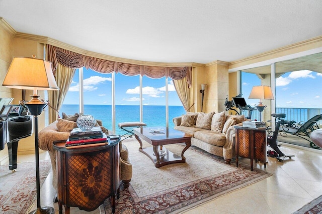 3740 S Ocean Blvd Unit 1708, Highland Beach, FL 33487 - living room with bar area, built in shelves, a water view, and a textured ceiling