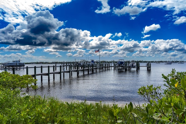 view of dock featuring a water view and boat lift