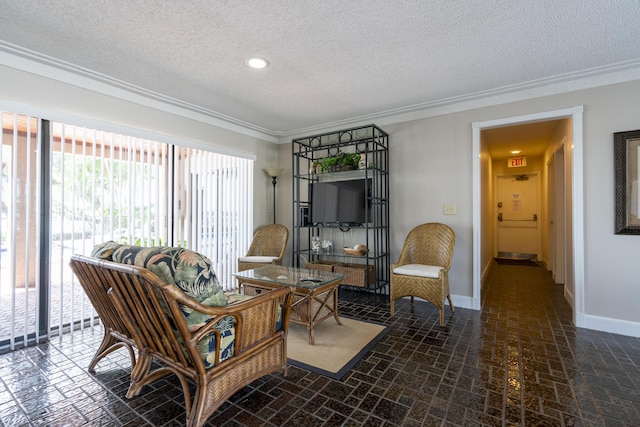 sitting room with a textured ceiling, ornamental molding, brick floor, and baseboards