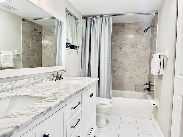 bathroom featuring shower / tub combo, toilet, double vanity, and tile patterned floors