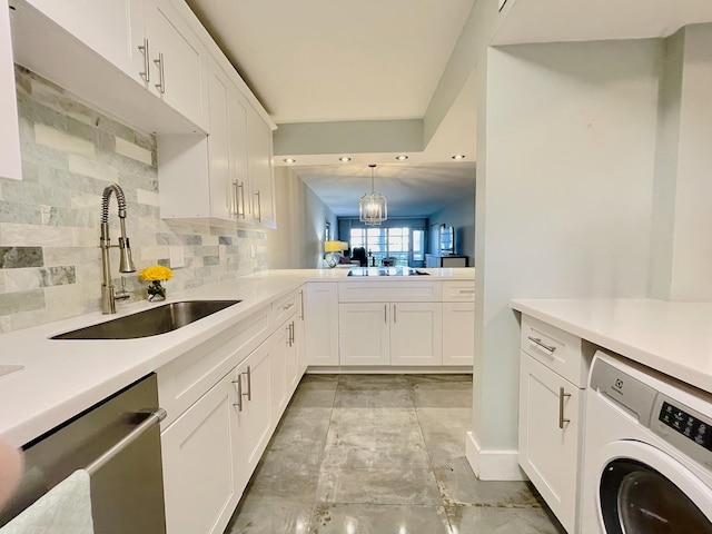 kitchen featuring a sink, dishwasher, white cabinetry, tasteful backsplash, and light countertops